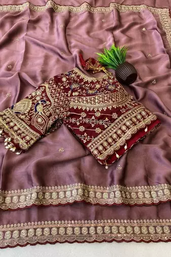 Onion Pink Color C -pallu sequence  coding embroidery work with  Sequence Butti Silk Blend Saree
