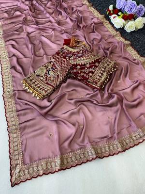 Onion Pink Color C -pallu sequence  coding embroidery work with  Sequence Butti Silk Blend Saree 3