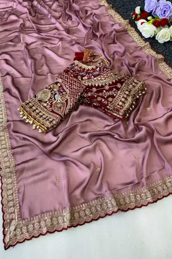 Onion Pink Color C -pallu sequence  coding embroidery work with  Sequence Butti Silk Blend Saree