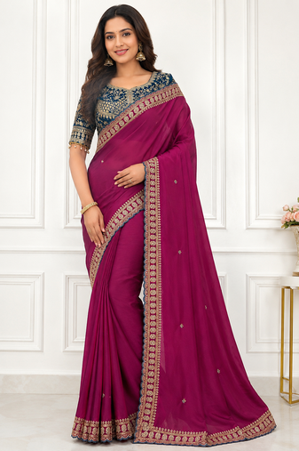 Rani Pink Color C -pallu sequence  coding embroidery work with  Sequence Butti Silk Blend Saree