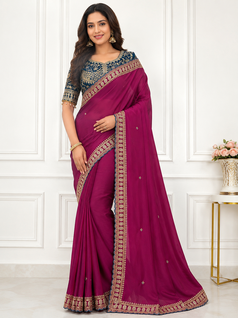 Rani Pink Color C -pallu sequence  coding embroidery work with  Sequence Butti Silk Blend Saree