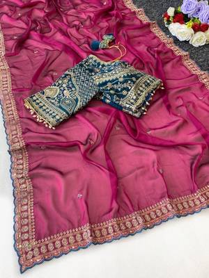 Rani Pink Color C -pallu sequence  coding embroidery work with  Sequence Butti Silk Blend Saree 2