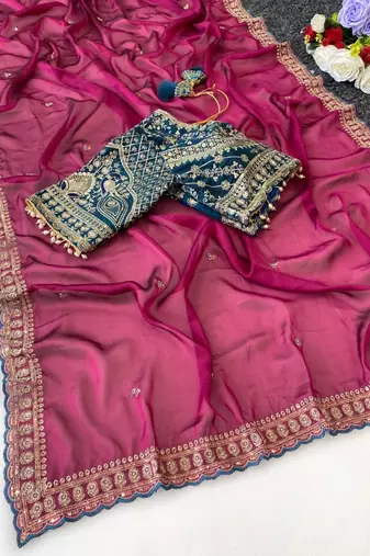 Rani Pink Color C -pallu sequence  coding embroidery work with  Sequence Butti Silk Blend Saree