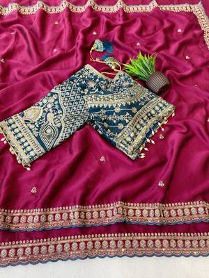Rani Pink Color C -pallu sequence  coding embroidery work with  Sequence Butti Silk Blend Saree 3