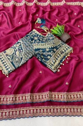 Rani Pink Color C -pallu sequence  coding embroidery work with  Sequence Butti Silk Blend Saree