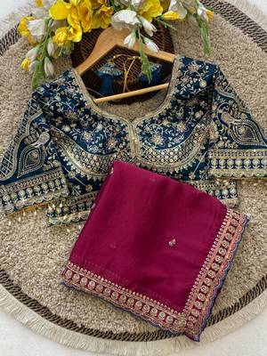 Rani Pink Color C -pallu sequence  coding embroidery work with  Sequence Butti Silk Blend Saree 4