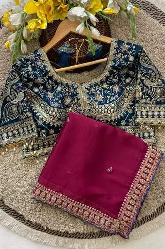 Rani Pink Color C -pallu sequence  coding embroidery work with  Sequence Butti Silk Blend Saree