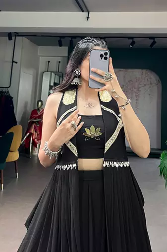 black lotus handwork navratri wear lehenga set with long jacket- full stitched free size