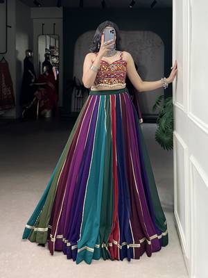 navratri multi-color georgette lehenga choli with gota patti & mirror work gamthi blouse- full stitched free size 1