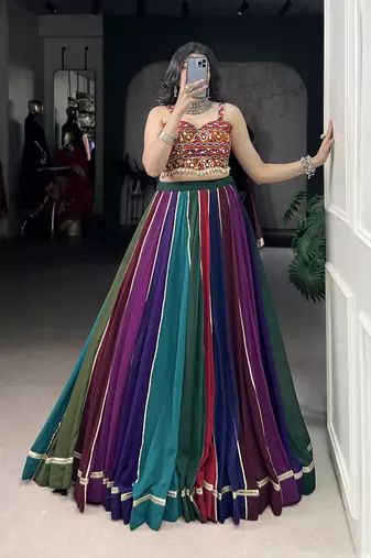 navratri multi-color georgette lehenga choli with gota patti & mirror work gamthi blouse- full stitched free size