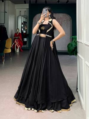 black lotus handwork navratri wear lehenga set with long jacket- full stitched free size 4