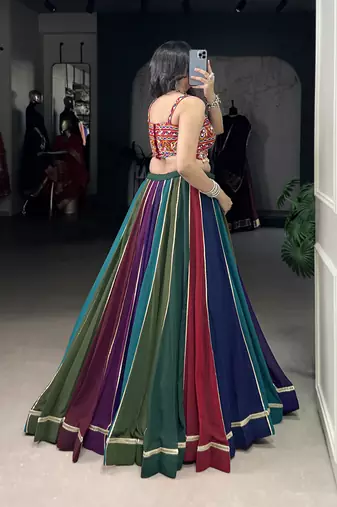 navratri multi-color georgette lehenga choli with gota patti & mirror work gamthi blouse- full stitched free size