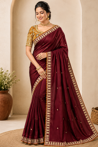 Maroon Color C -pallu sequence  coding embroidery work with  Sequence Butti Silk Blend Saree