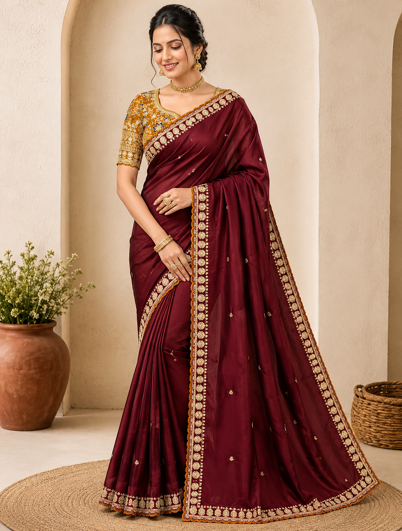 Maroon Color C -pallu sequence  coding embroidery work with  Sequence Butti Silk Blend Saree