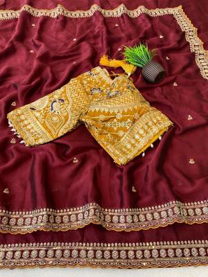 Maroon Color C -pallu sequence  coding embroidery work with  Sequence Butti Silk Blend Saree 2