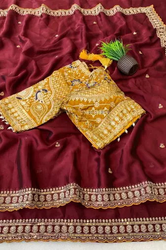 Maroon Color C -pallu sequence  coding embroidery work with  Sequence Butti Silk Blend Saree