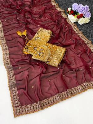 Maroon Color C -pallu sequence  coding embroidery work with  Sequence Butti Silk Blend Saree 3