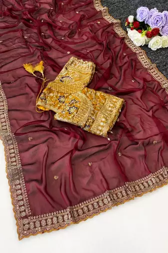 Maroon Color C -pallu sequence  coding embroidery work with  Sequence Butti Silk Blend Saree