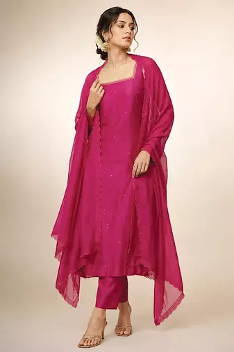 Magenta pink dupion silk kurta set
