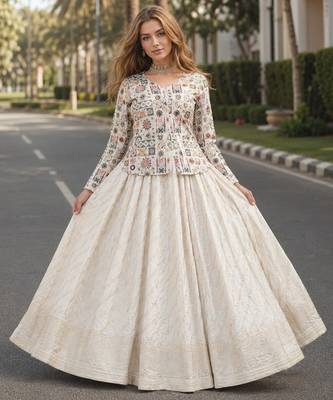 White Viscose Free Size Stitched Lehenga Choli with Thread-Sequins Embroidered Work 1