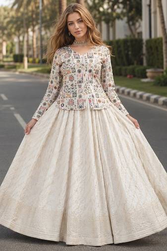 White Viscose Free Size Stitched Lehenga Choli with Thread-Sequins Embroidered Work