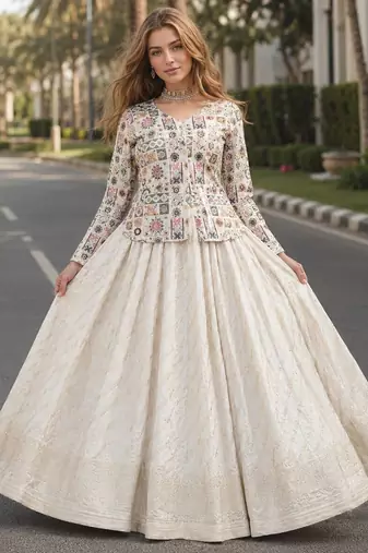 White Viscose Free Size Stitched Lehenga Choli with Thread-Sequins Embroidered Work