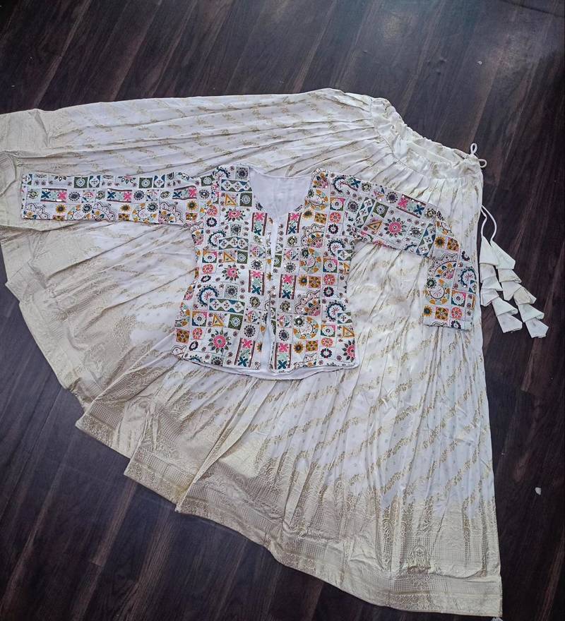 White Viscose Free Size Stitched Lehenga Choli with Thread-Sequins Embroidered Work