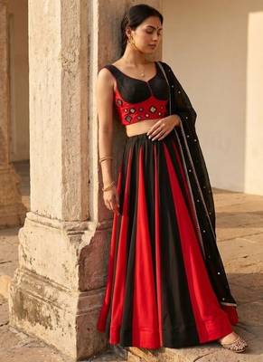 Black & Red Cotton Chaniya Choli For Navratri Set Set with Real Mirror Work and Georgette Dupatta 1