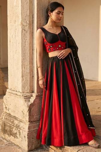 Black & Red Cotton Chaniya Choli For Navratri Set Set with Real Mirror Work and Georgette Dupatta