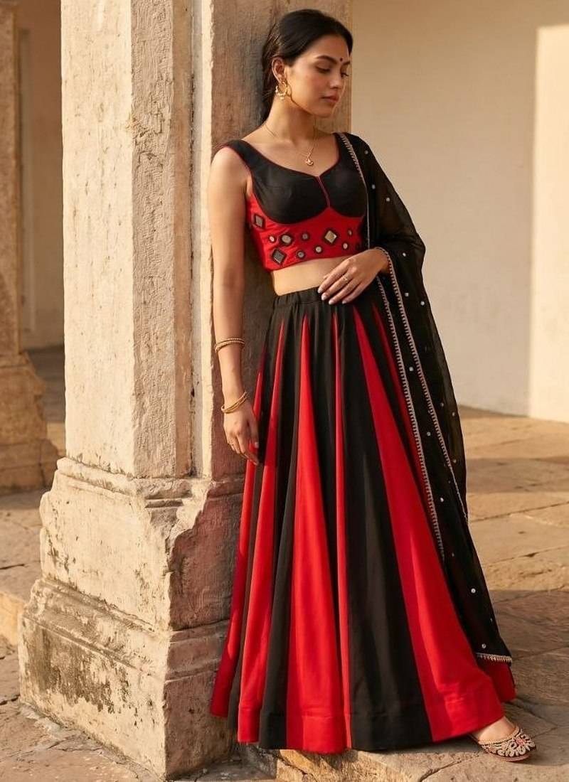 Black & Red Cotton Chaniya Choli For Navratri Set Set with Real Mirror Work and Georgette Dupatta