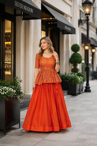Rust silk blend Free Size Stitched Lehenga Choli with Embroidered & Sequins Work