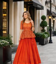 Rust silk blend Free Size Stitched Lehenga Choli with Embroidered & Sequins Work