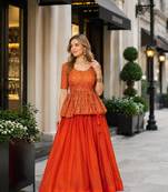 Rust silk blend Free Size Stitched Lehenga Choli with Embroidered & Sequins Work