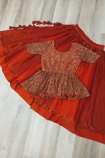 Rust silk blend Free Size Stitched Lehenga Choli with Embroidered & Sequins Work