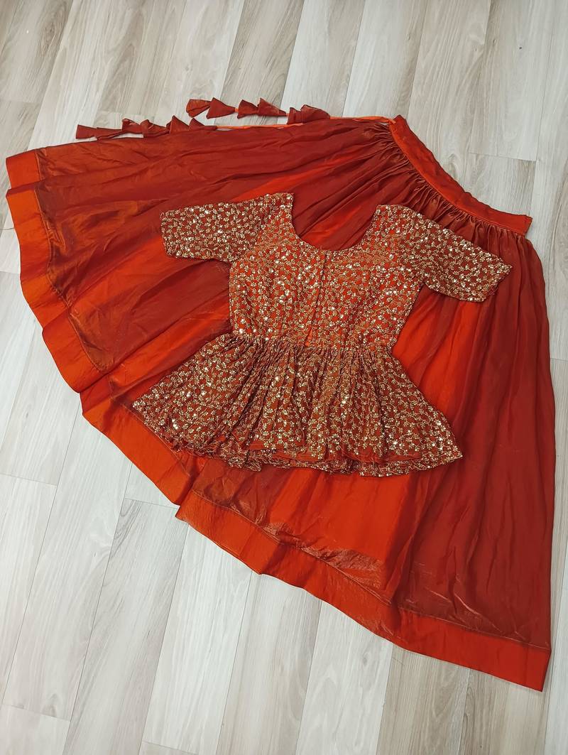 Rust silk blend Free Size Stitched Lehenga Choli with Embroidered & Sequins Work