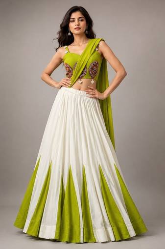 White & Lime Green Cotton Chaniya Choli For Navratri Set with Embroidery Real Mirror Work and Georgette Dupatta