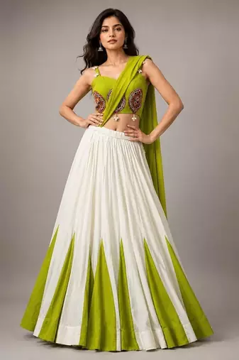 White & Lime Green Cotton Chaniya Choli For Navratri Set with Embroidery Real Mirror Work and Georgette Dupatta
