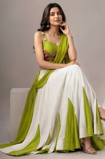 White & Lime Green Cotton Chaniya Choli For Navratri Set with Embroidery Real Mirror Work and Georgette Dupatta
