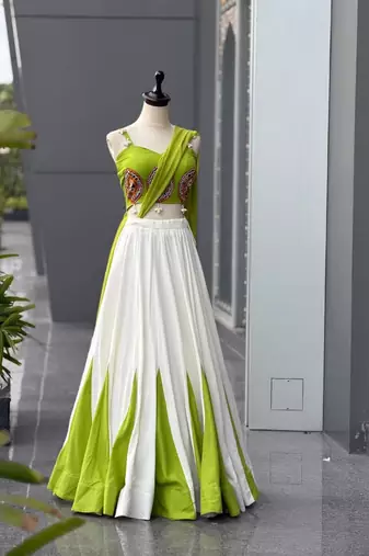White & Lime Green Cotton Chaniya Choli For Navratri Set with Embroidery Real Mirror Work and Georgette Dupatta