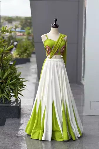 White & Lime Green Cotton Chaniya Choli For Navratri Set with Embroidery Real Mirror Work and Georgette Dupatta