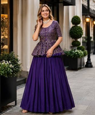 Violet silk blend Free Size Stitched Lehenga Choli with Embroidered & Sequins Work 1