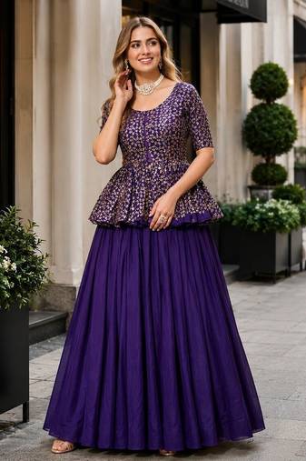 Violet silk blend Free Size Stitched Lehenga Choli with Embroidered & Sequins Work