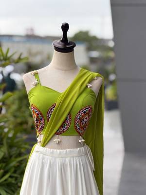 White & Lime Green Cotton Chaniya Choli For Navratri Set with Embroidery Real Mirror Work and Georgette Dupatta 5