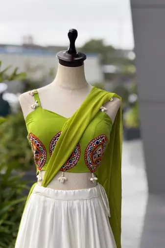 White & Lime Green Cotton Chaniya Choli For Navratri Set with Embroidery Real Mirror Work and Georgette Dupatta
