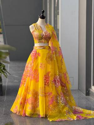Yellow Digital Printed Organza Lehenga Choli Set with Embroidered Sequins Work, Organza Dupatta & Designer Batwa Bag 1