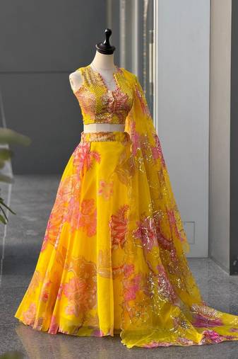 Yellow Digital Printed Organza Lehenga Choli Set with Embroidered Sequins Work, Organza Dupatta & Designer Batwa Bag