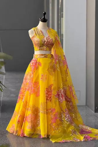 Yellow Digital Printed Organza Lehenga Choli Set with Embroidered Sequins Work, Organza Dupatta & Designer Batwa Bag