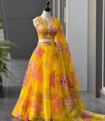 Yellow Digital Printed Organza Lehenga Choli Set with Embroidered Sequins Work, Organza Dupatta & Designer Batwa Bag