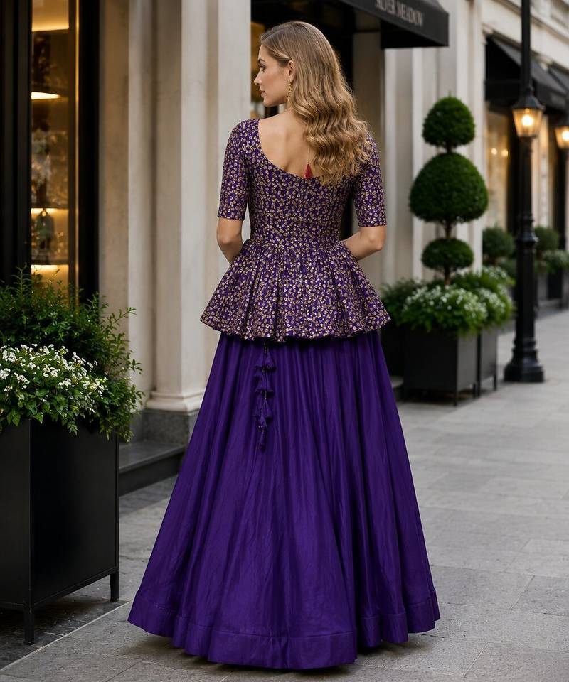 Violet silk blend Free Size Stitched Lehenga Choli with Embroidered & Sequins Work
