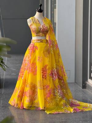 Yellow Digital Printed Organza Lehenga Choli Set with Embroidered Sequins Work, Organza Dupatta & Designer Batwa Bag 3